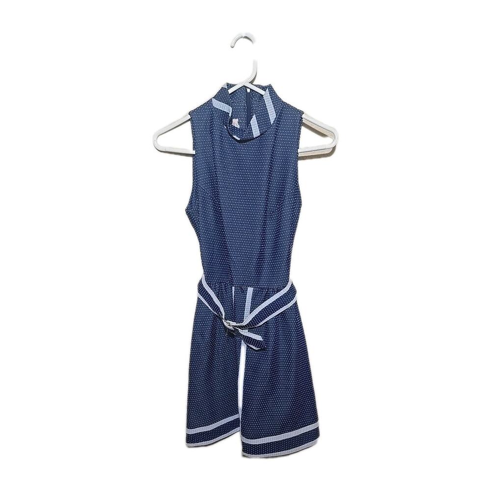 Vtg Jerell‎ of Texas Blue Polka Dot Belted Sleeveless Mini Dress Womans Size 7